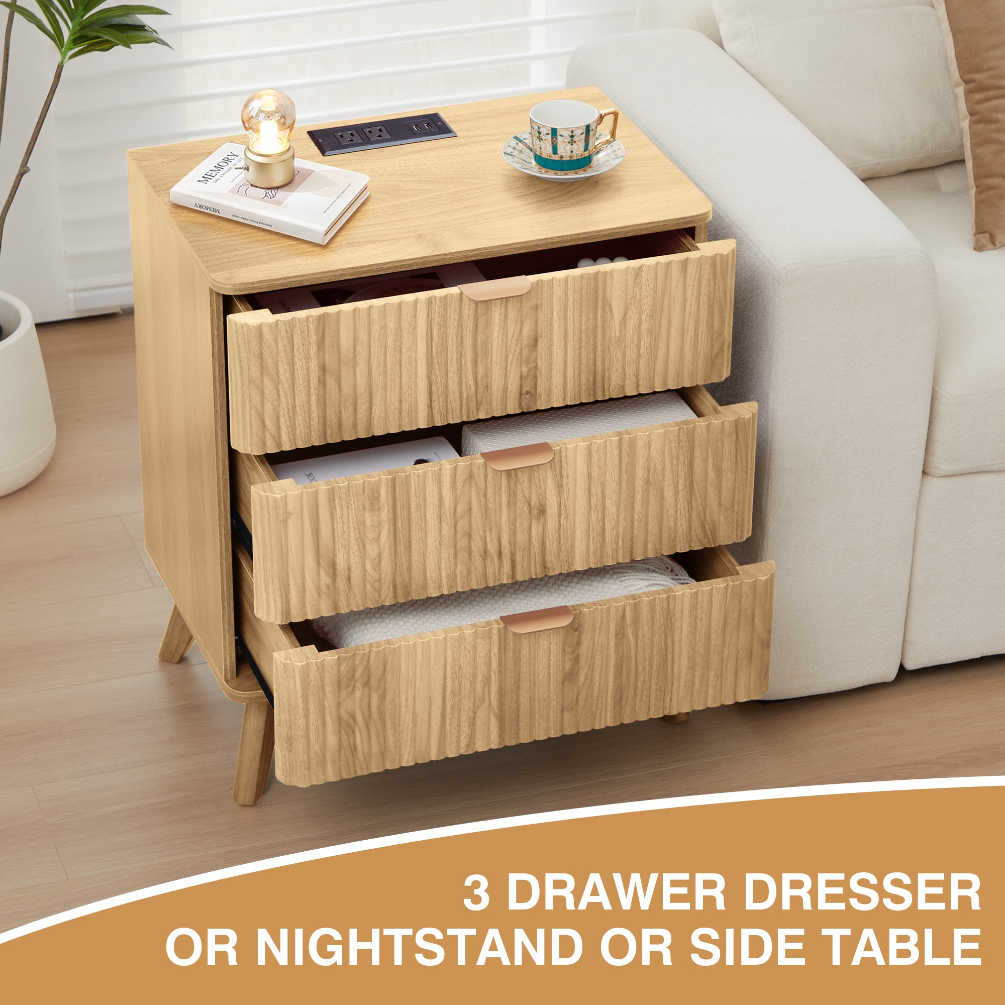 23.62in.W End Table 3-Drawer Nightstand with Charging Station