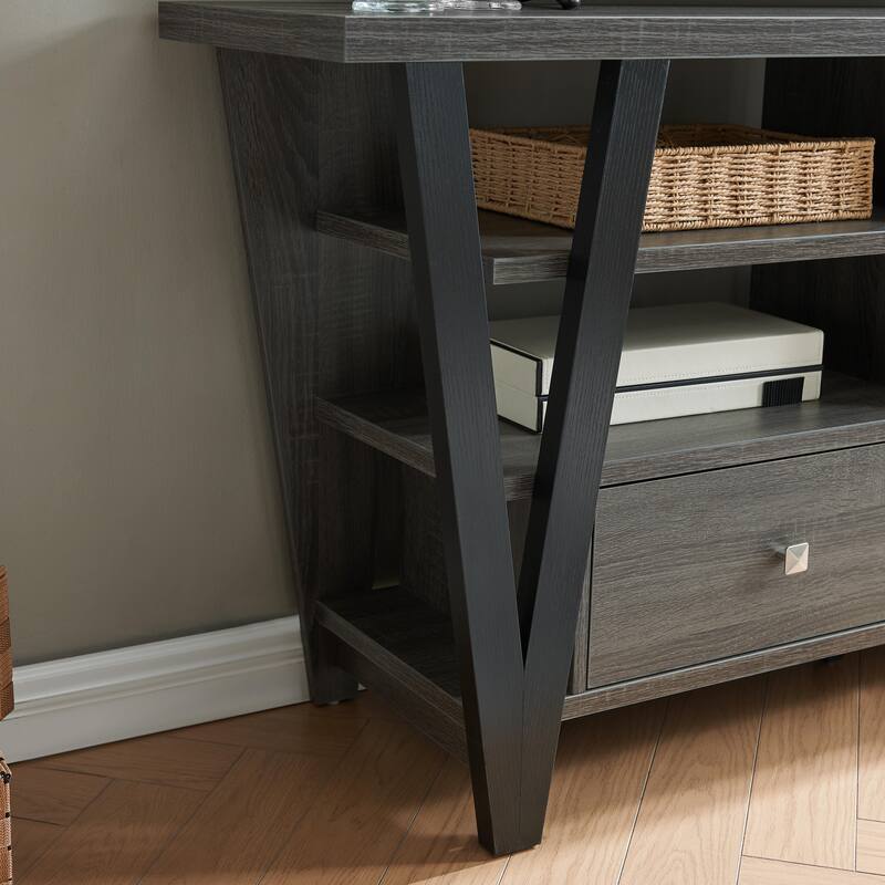 TV Stand Cabinet with curved legs one drawers on metal glides metal square handle modern design divided shelf two cubbies - Grey+Black