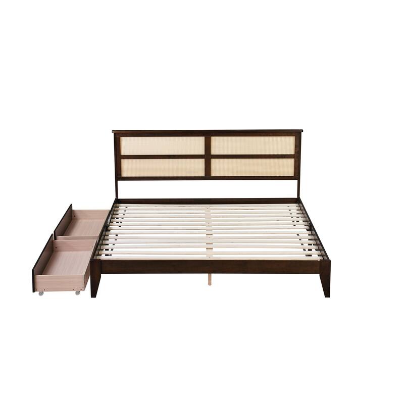 Roomfitters King Wood Bed with Rattan Headboard, Two Underbed Storage Compartments, Reinforced Slats & Support Feet