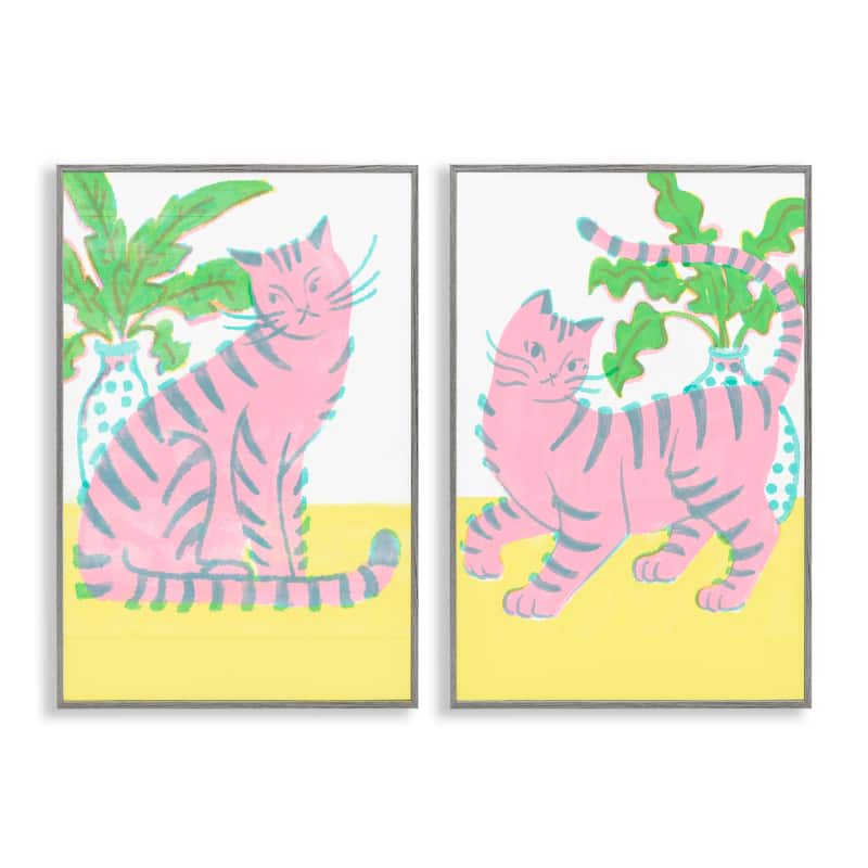 Stupell Pastel Pink Cats & Plants Framed Giclee Art Design By Hannah Moren (Set of 2) - 20 x 30 - Grey