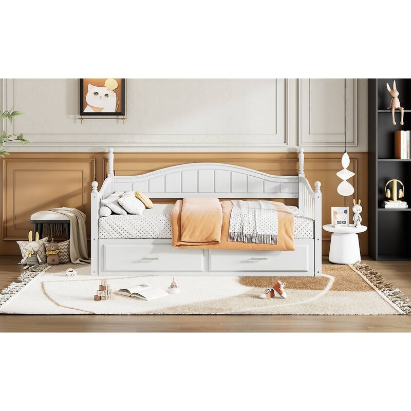 Wooden Twin Size Daybed with Twin Size Trundle, Extendable Daybed with Two Storage Drawers