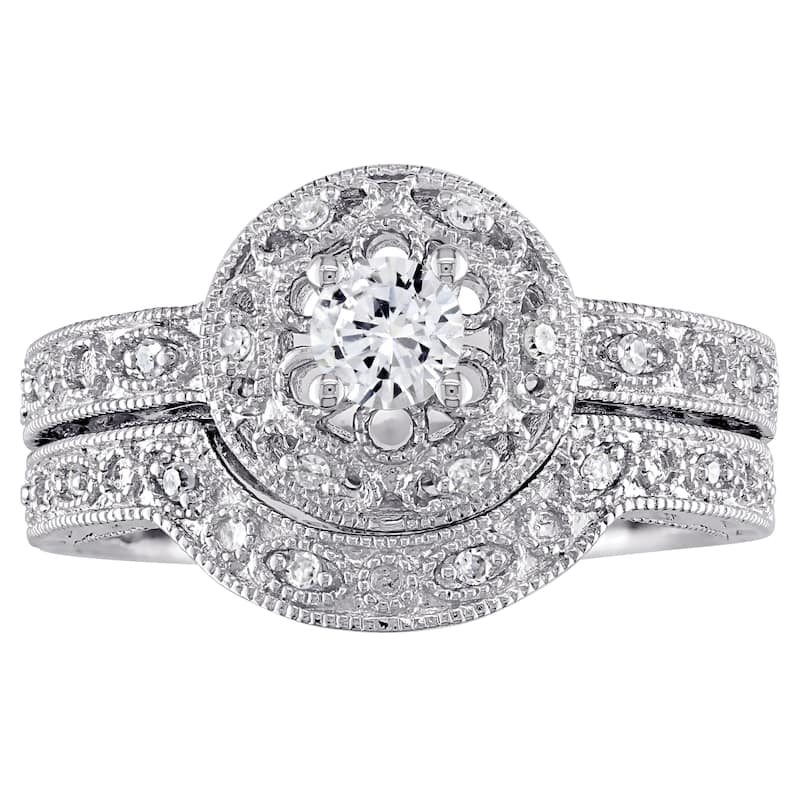Miadora Sterling Silver Created-white-sapphire and 1/10ct TDW Diamond Bridal Ring Set