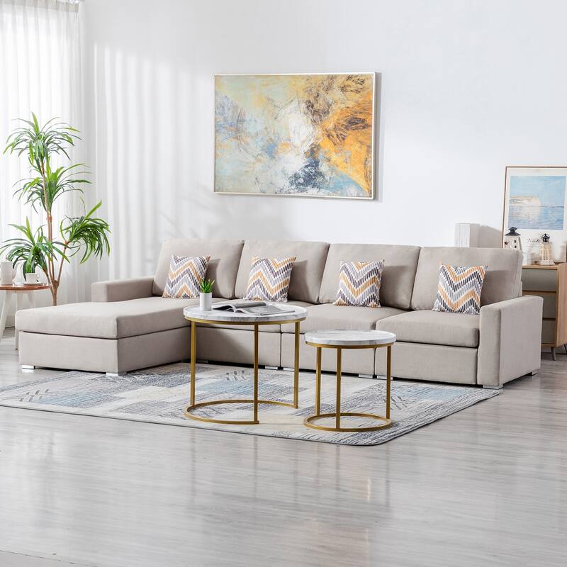 Linen Fabric 4 Piece Reversible Sectional Sofa Chaise with Pillows and Interchangeable Legs in Beige