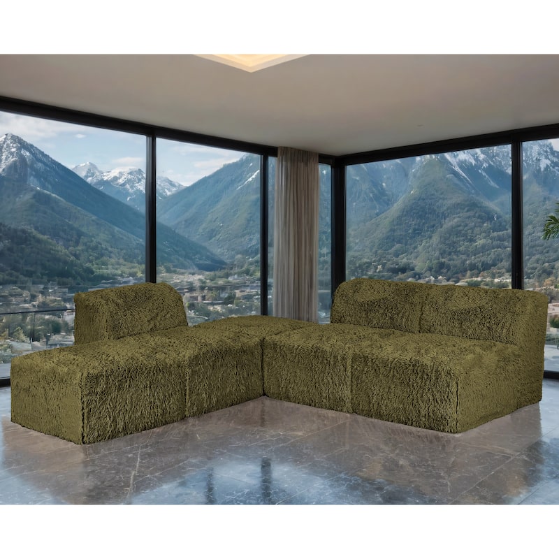 Furniture of America Ylena Modern 5-Piece Faux Fur Foam Modular Armless Compressed Sectional Sofa with Ottoman - Olive Green