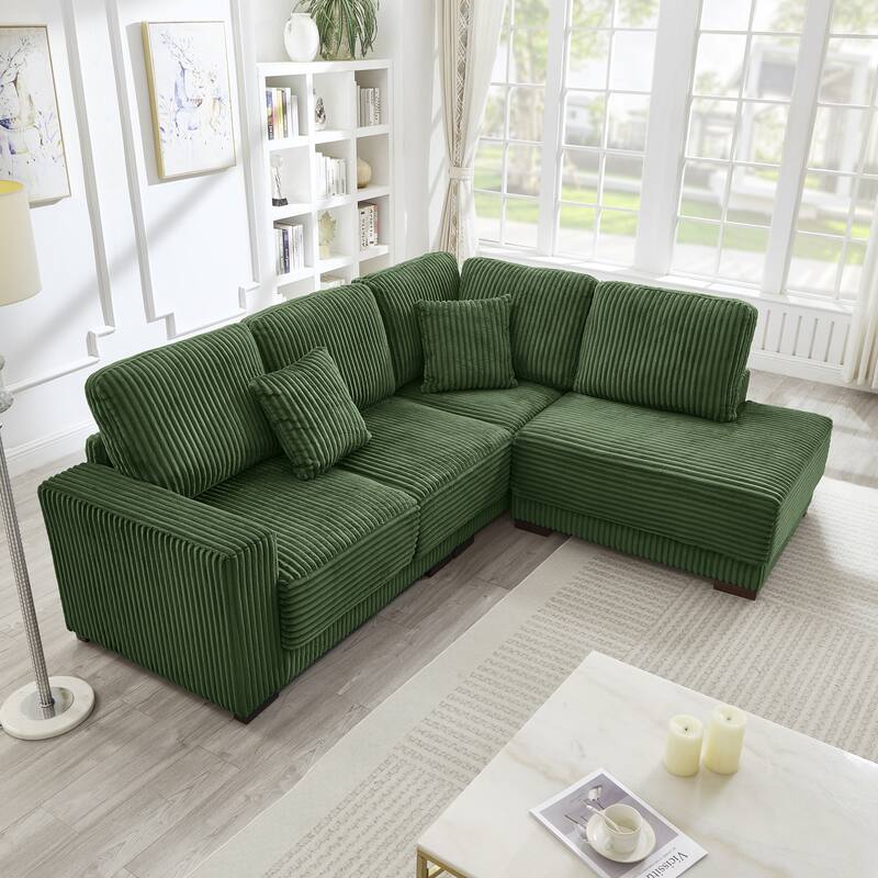 L-shaped Sectional Sofa with Reversible Chaise Lounge and Pillwo Corduroy Upholstered Couch with Removed Sofa Covers