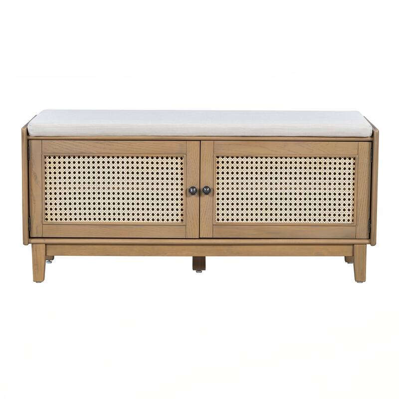 Rattan Entryway Bench with Storage, Cushioned Shoe Bench with Double Doors