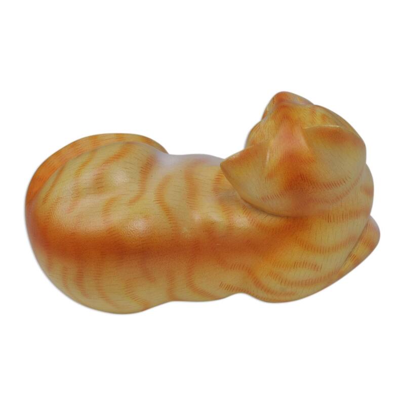 Wood sculpture, 'Watchful Orange Cat'