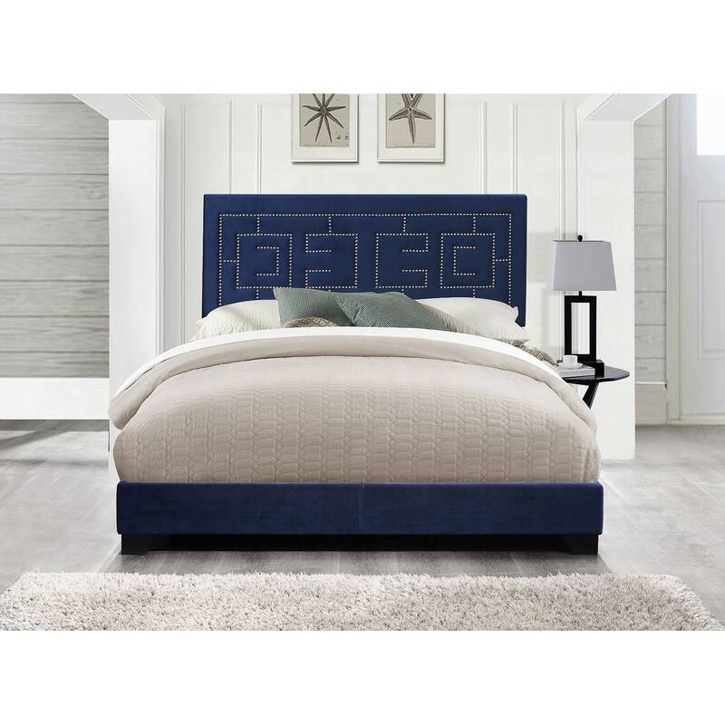 King Size Upholstered Panel Bed with Nailhead Trim and Padded Headboard - Dark Blue