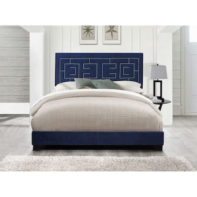 King Size Upholstered Panel Bed with Nailhead Trim and Padded Headboard