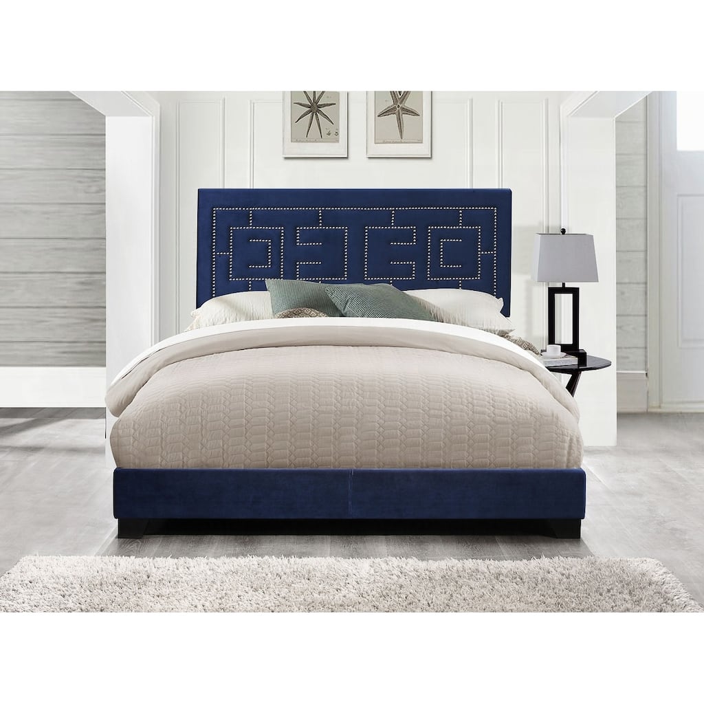 King Size Upholstered Panel Bed with Nailhead Trim and Padded Headboard