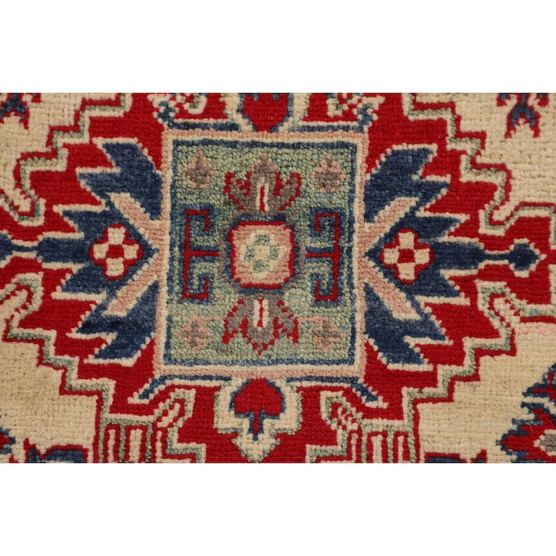 Geometric Kazak Oriental Accent Rug Handmade Beige Wool Carpet - 3'3" x 5'0"