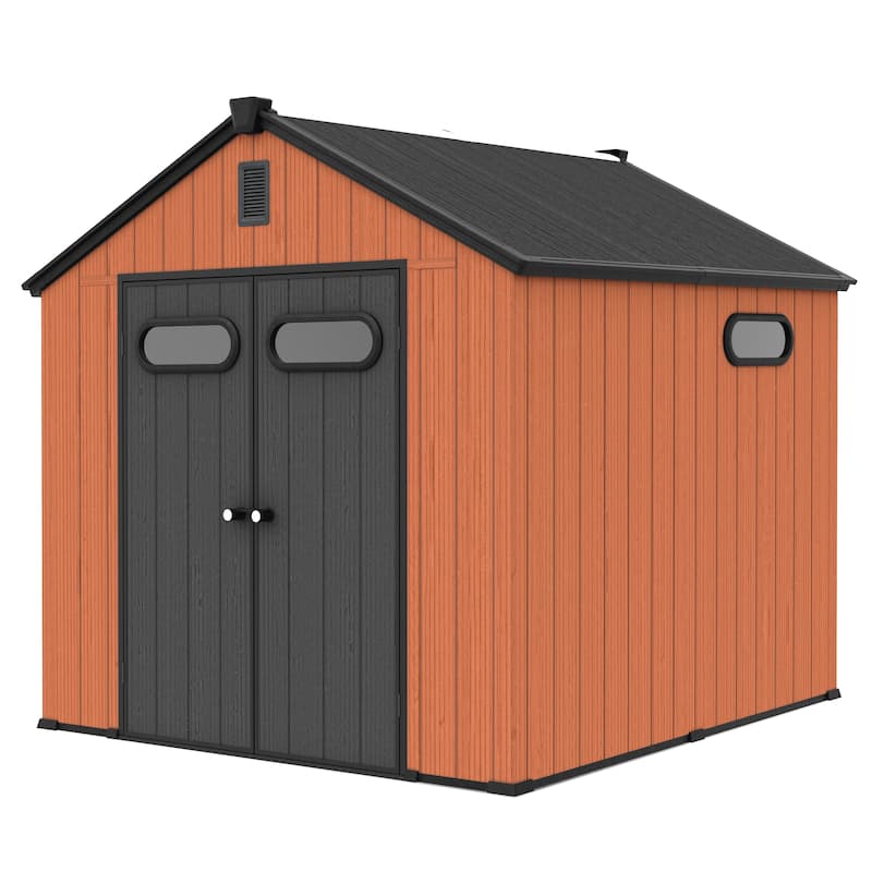VredHom 8X8/8X10/8X12 FT All-Weather Outdoor Resin Storage Shed with Windows Floor for Patio Furniture and Tools - 8X8FT - Brown
