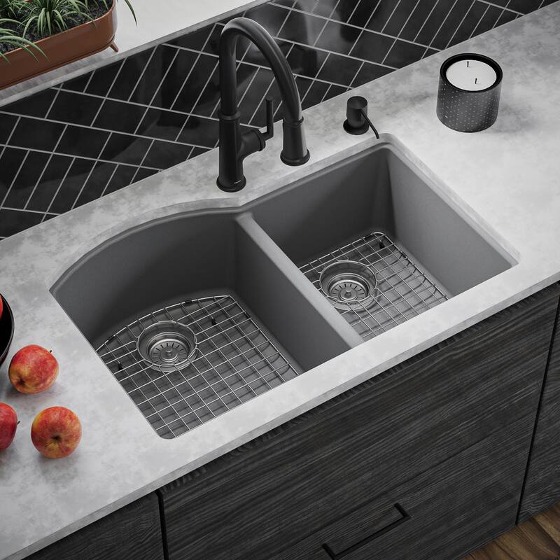 Karran Undermount Quartz 32 in. 60/40 Double Bowl Kitchen Sink Kit