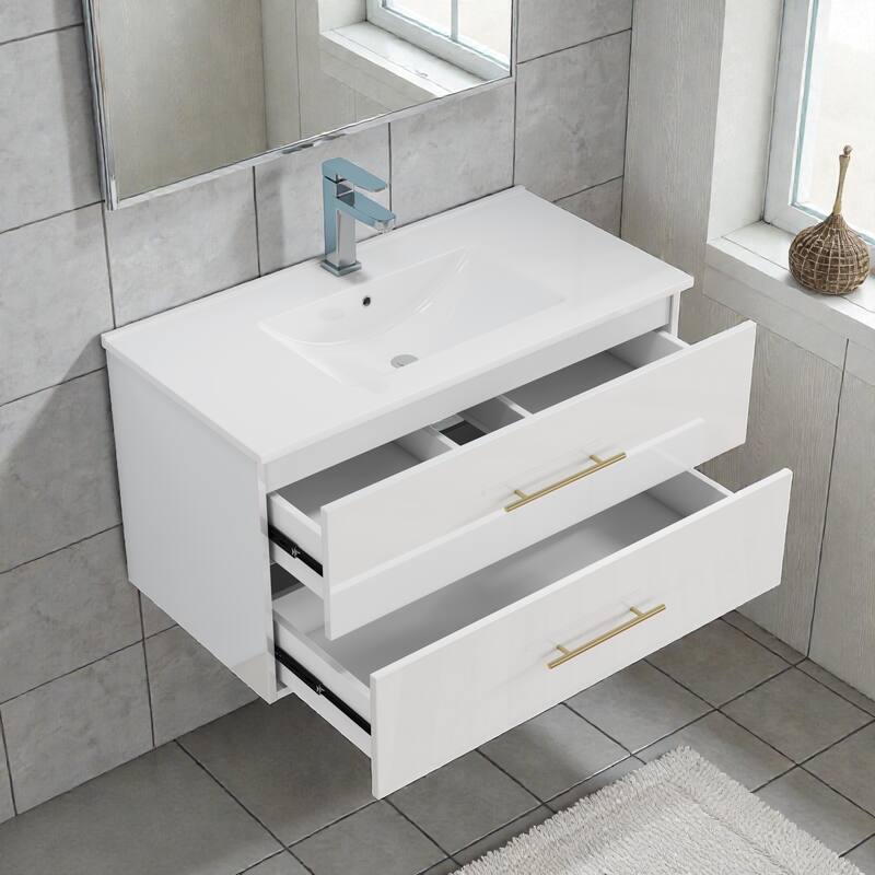 36" Gloss Wall-Mounted Bathroom Vanity with Integrated Ceramic Sink, Double Drawers & Long Gold Metal Handle