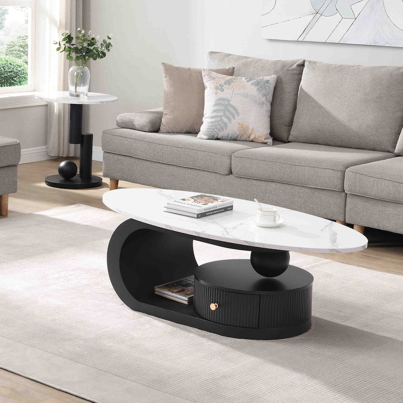 Modern Nesting Coffee Table Side Table with Artificial Marble Top and Drawers, for Living Room, 2-Piece Set