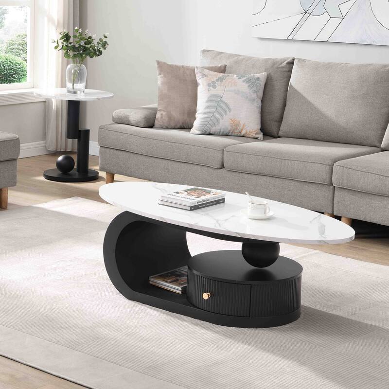 Nesting Coffee Table Set of 2, Round & Oval End Tables with faux marble Tabletop, Side Table