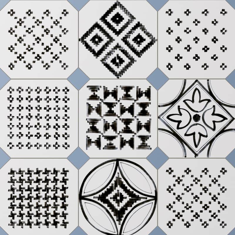 Merola Tile Vaudeville Octagon Deco Sombra with Taco Azzuro 7-7/8" x 7-7/8" Porcelain Floor and Wall Tile