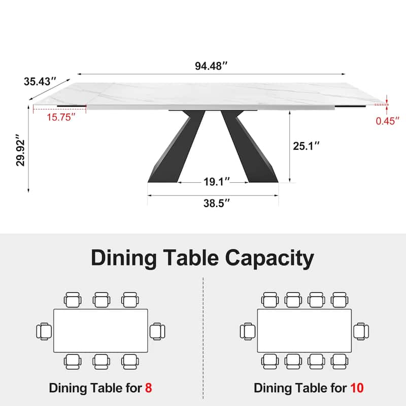 63'' to 94.5” Extendable Dining Table For 8-10 with Sintered Stone Table top and Metal Base - 94.48"