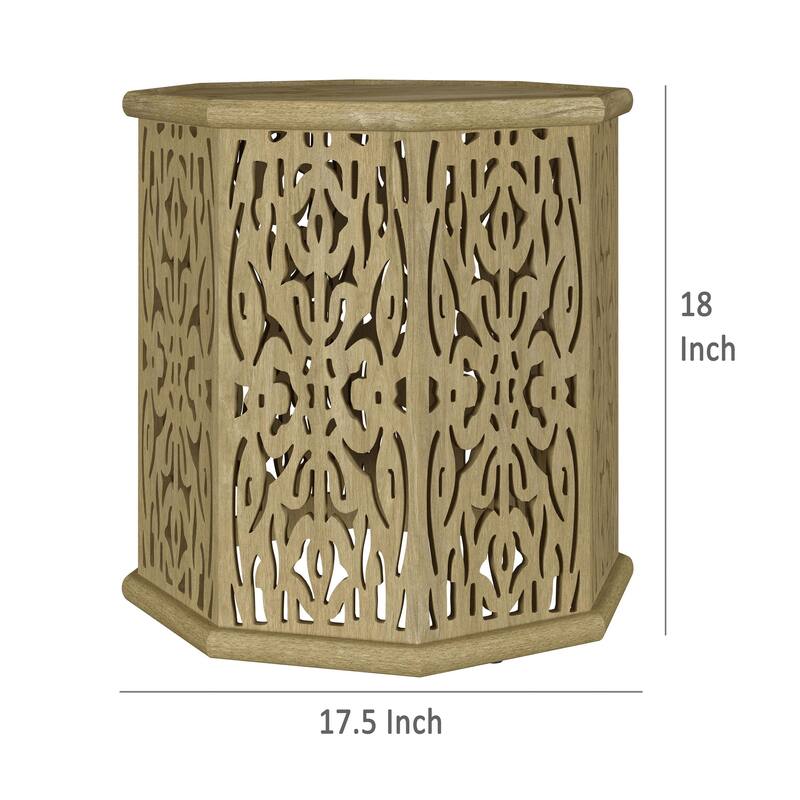 Ores Accent Side Table with Intricate Carvings, Brown Mango Wood