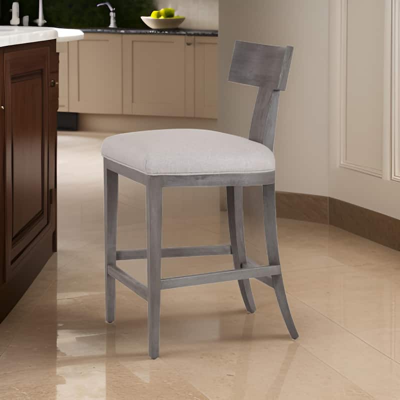 Cid Sten 27 Inch Counter Height Chair, T Shape Back, Soft Beige Linen, Gray