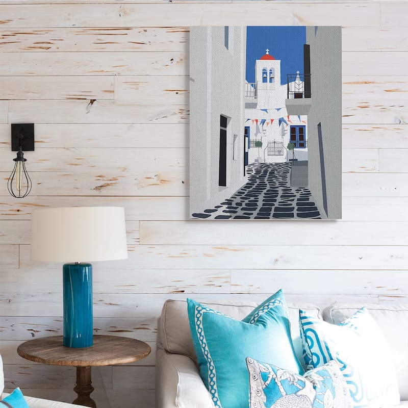 Stupell European Coastal City Street White Blue Architecture Canvas Wall Art