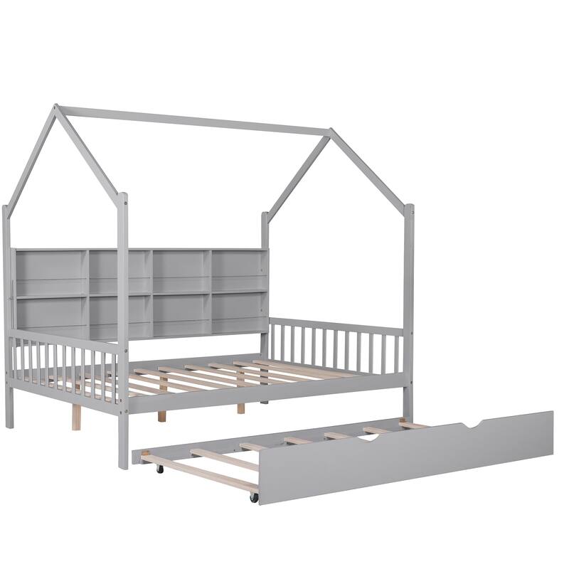 Full Pine Kids House Platform Bed with Trundle, Shelf, and Roof