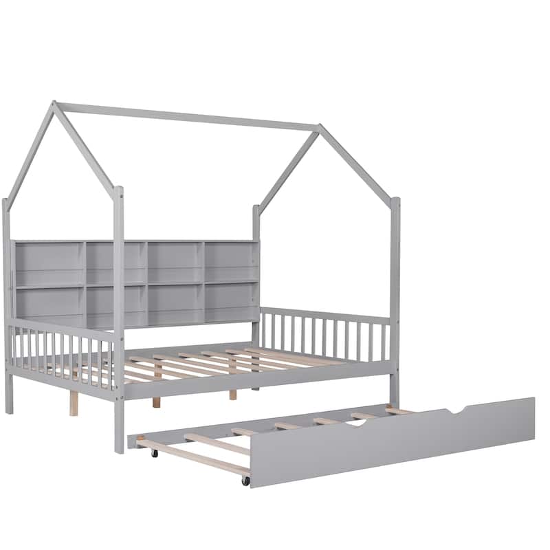 Pine Kids House Platform Bed with Trundle, Shelf, and Roof