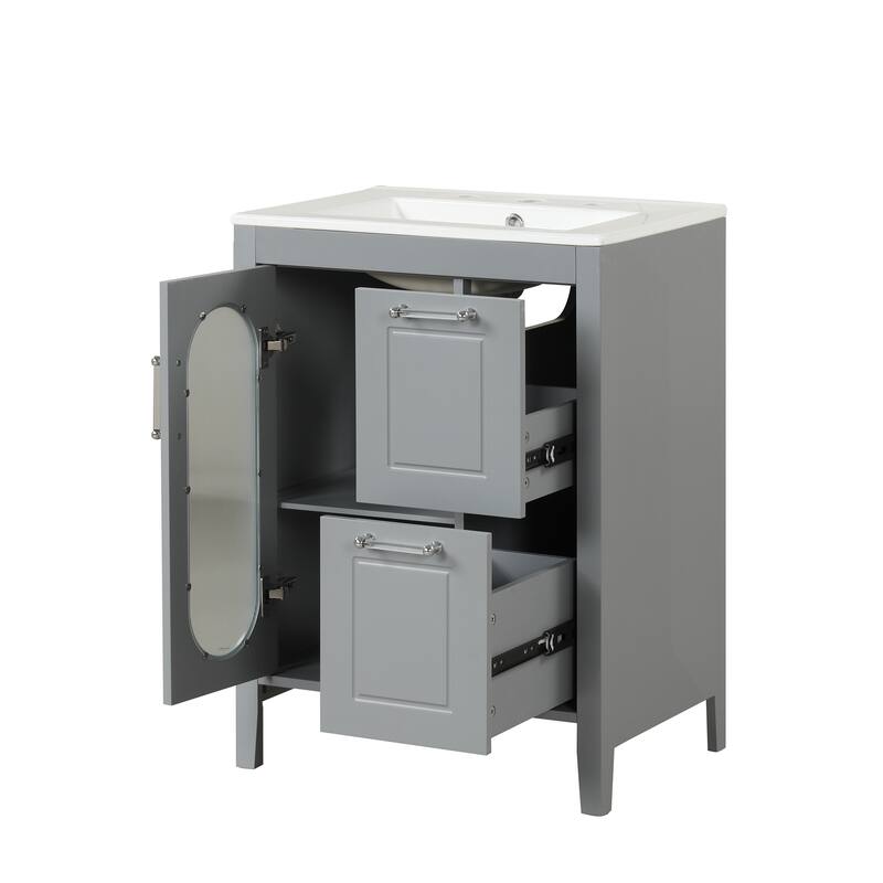 24" Black Bathroom Vanity with Sink - Solid Wood & MDF, Moru Glass Door, 2 Drawers, Adjustable Shelf
