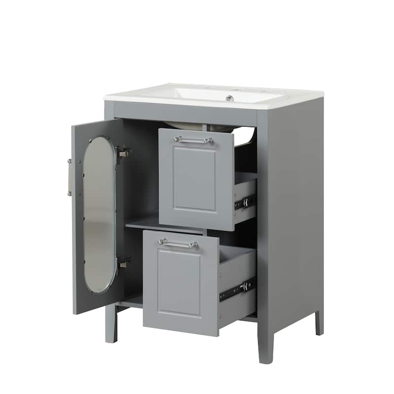 GDFStudio - Emma 24-Inch Bathroom Vanity with Ceramic Sink, Moru Glass Door and Adjustable Storage