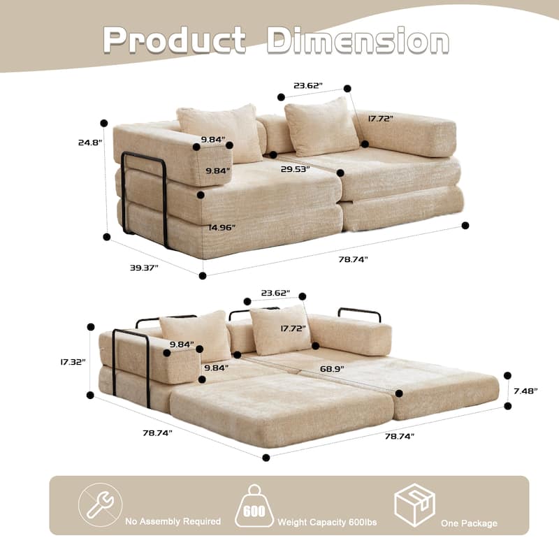 Chenille Loveseat Couch Boneless Modular Sectional Sofa Convertible Floor Sleeper Bed with Fixed-shape Frame for Living Room