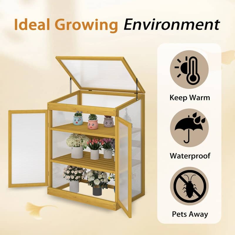 Greenhouse-Type Wooden Cold Frame, Small Outdoor Greenhouse, Two-Tiered Polycarbonate Garden Greenhouse Cabinet