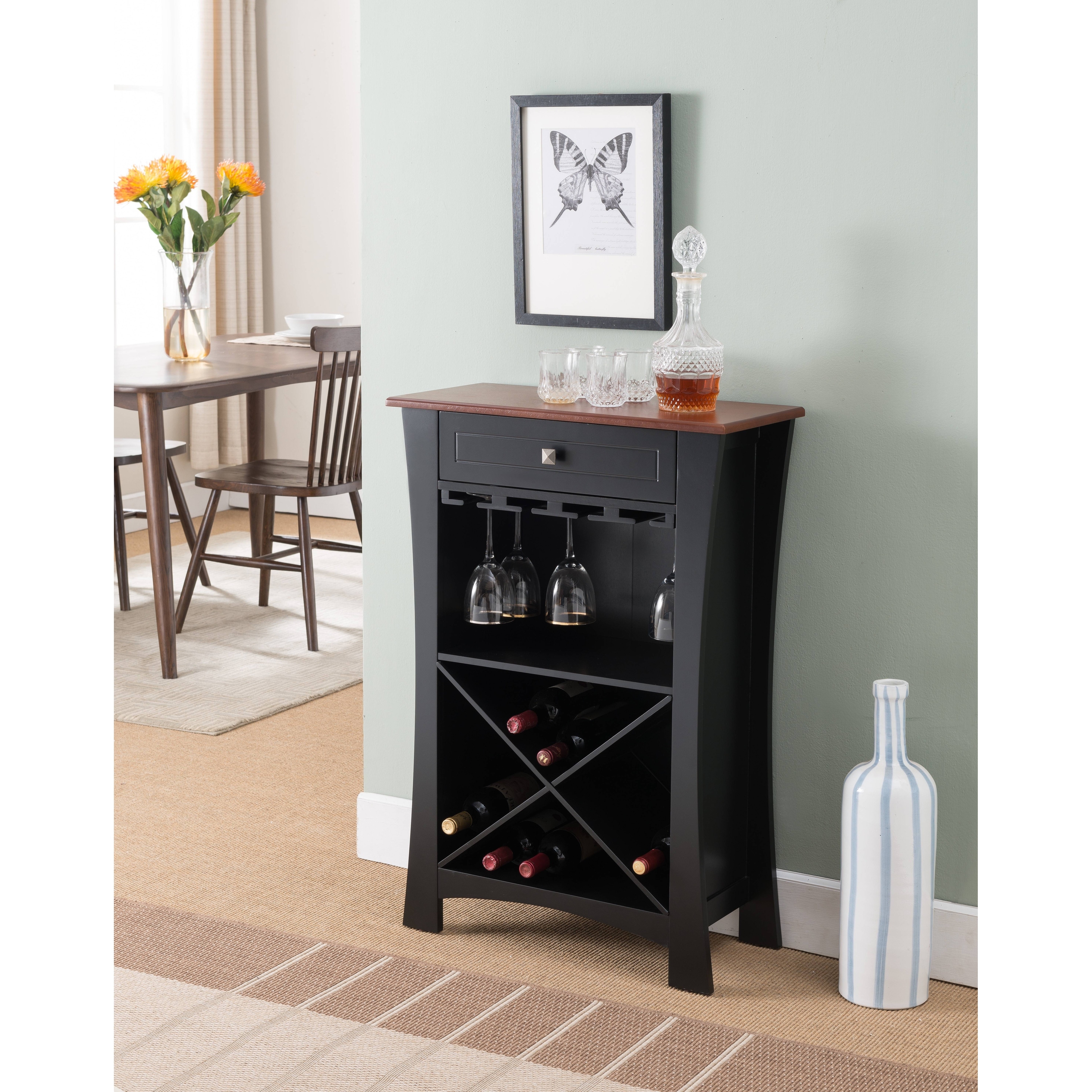 Bar Cabinet Wine Storage With Glass Holders & Drawer, White