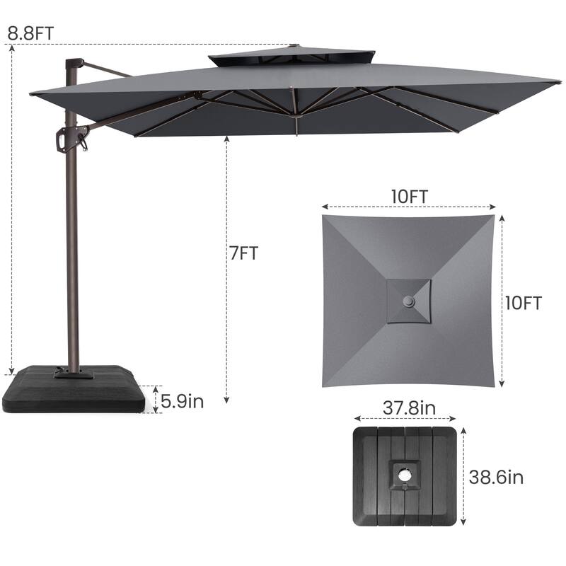 Outdoor Patio 10FT Square Cantilever Umbrella with 4-Piece Fillable Weighted Base