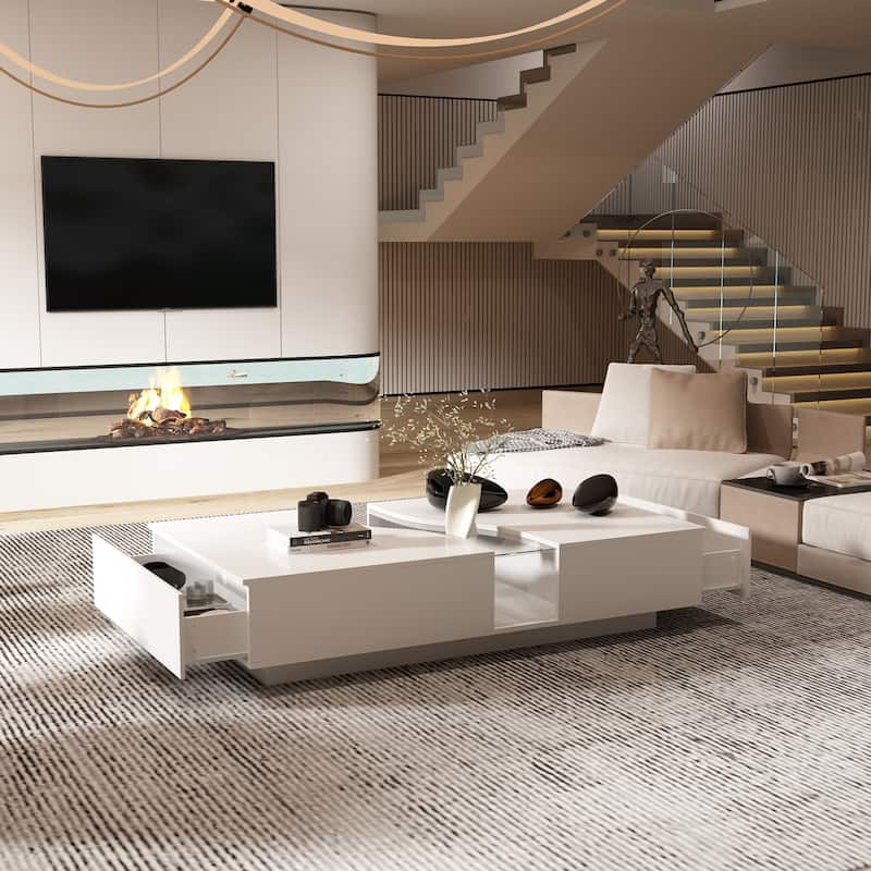 Storage Masterpiece Contemporary White Coffee Table Colorful LED Edge - 55.1"W