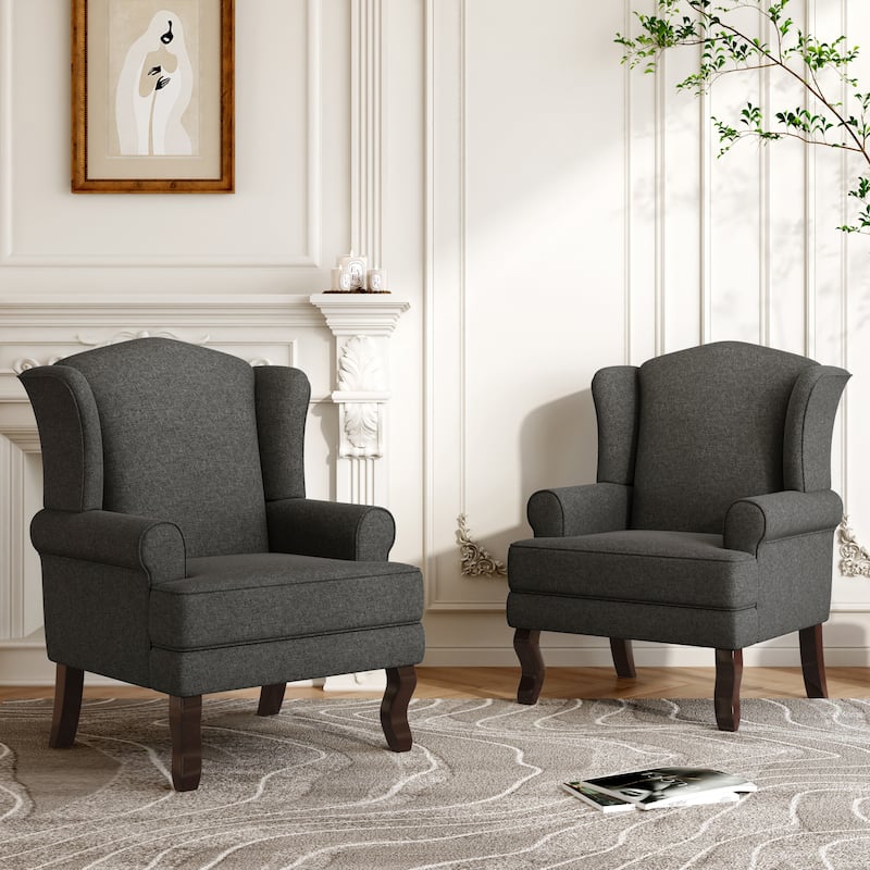 2 Set Traditional Rolled Arm Wing Back Accent Chair - Dark Grey-Linen