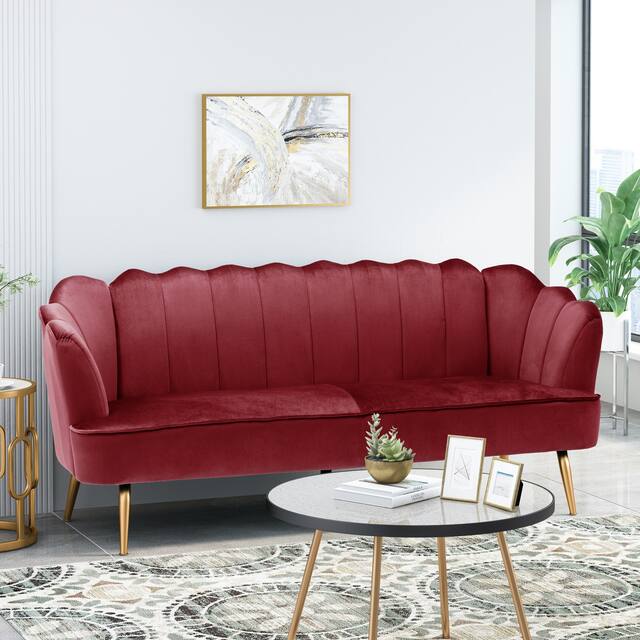 Reitz Glam Velvet Shell Sofa by Christopher Knight Home - 76.25" L x 29.25" W x 33.50" H - Berry Red + Gold