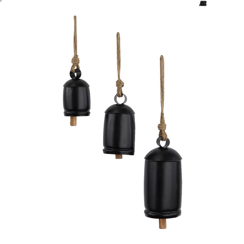 Gold, Gray, Bronze, Black or Red Metal Tibetan Inspired Decorative Cow Bells with Jute Hanging Rope (Set of 3)