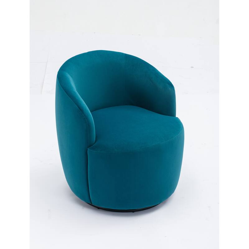 Modern Barrel Swivel Accent Chair with Metal Base, Round Velvet Upholstered Reading Chair w/ Curved Back for Living Room Bedroom