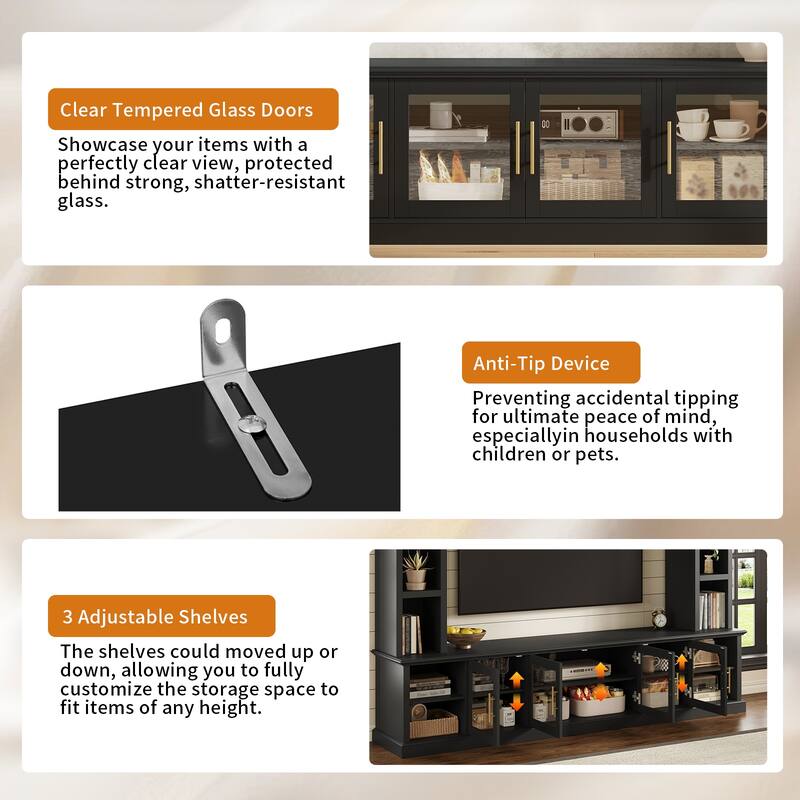 Wall Unit Entertainment Center for TVs up to 80", All-in-One TV Stand with Bookshelves, Glass Doors, Media Console with Shelving