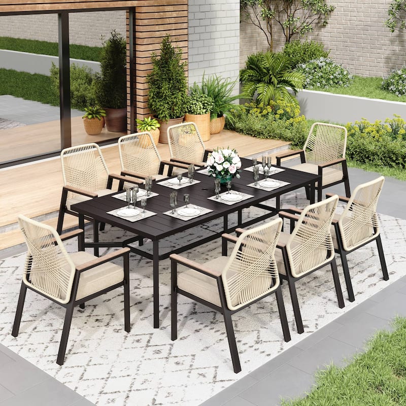 MAISON ARTS 9 Pieces Outdoor Patio Dining Set with Dining Table and Cushioned Woven Rattan Dining Chairs - Black