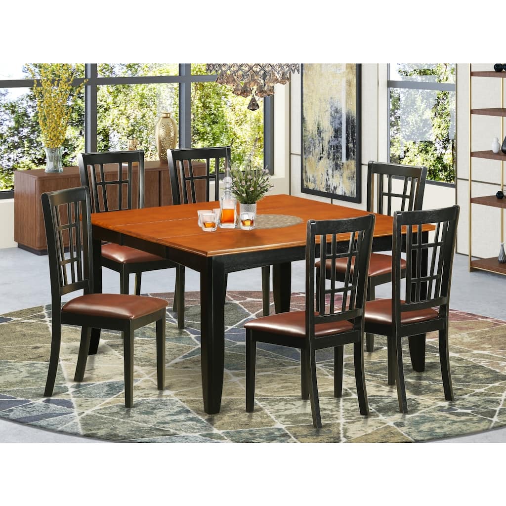 HomeStock 7-Piece Square Black & Cherry Finish Solid Wood Top Dining Table with 6-Chairs with Lattice Back
