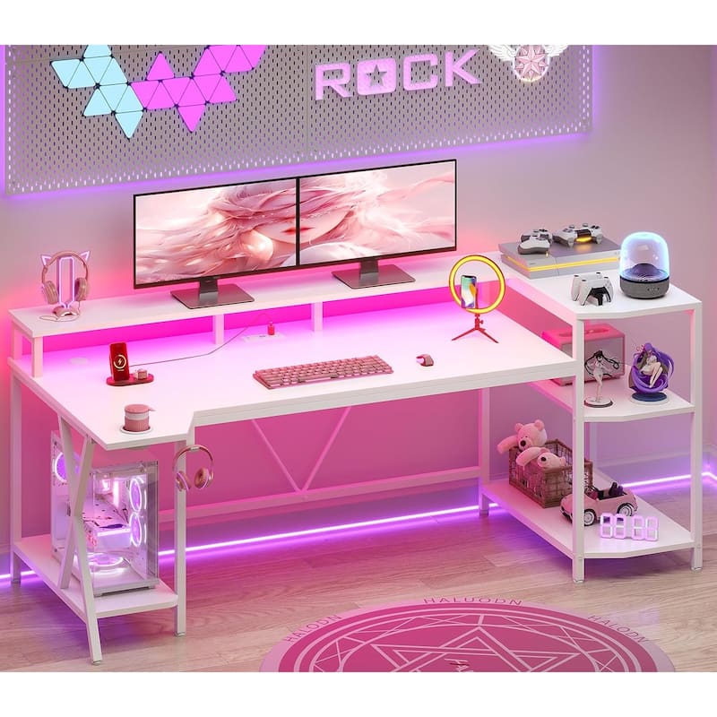 PC Gaming Desk Power Outlets Computer Desk LED Lights Storage Shelves - White - 70.8"