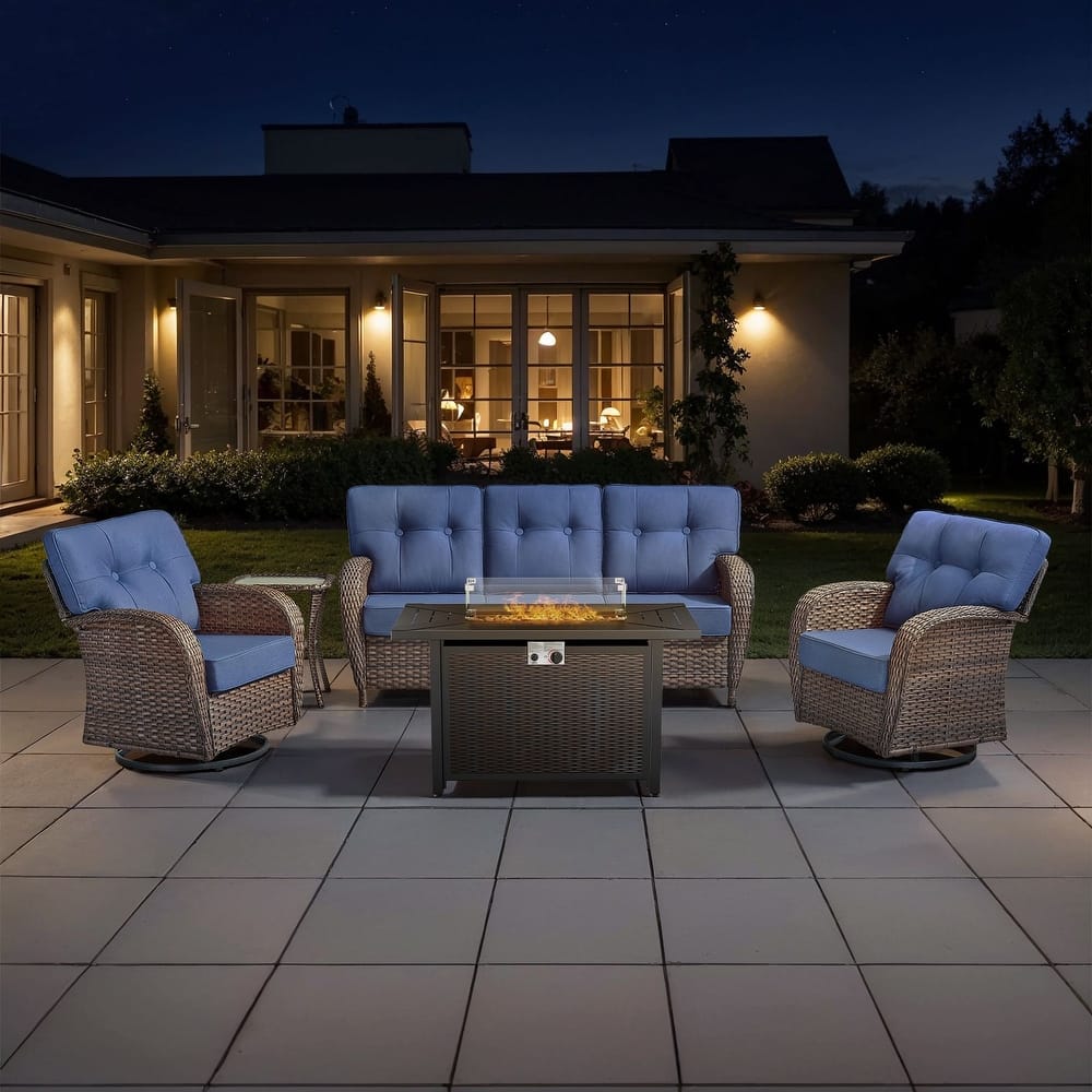 TWrap Wicker Patio Iron Fire Pit Conversation Set with 3-Seat Sofa & Swivel Gliders