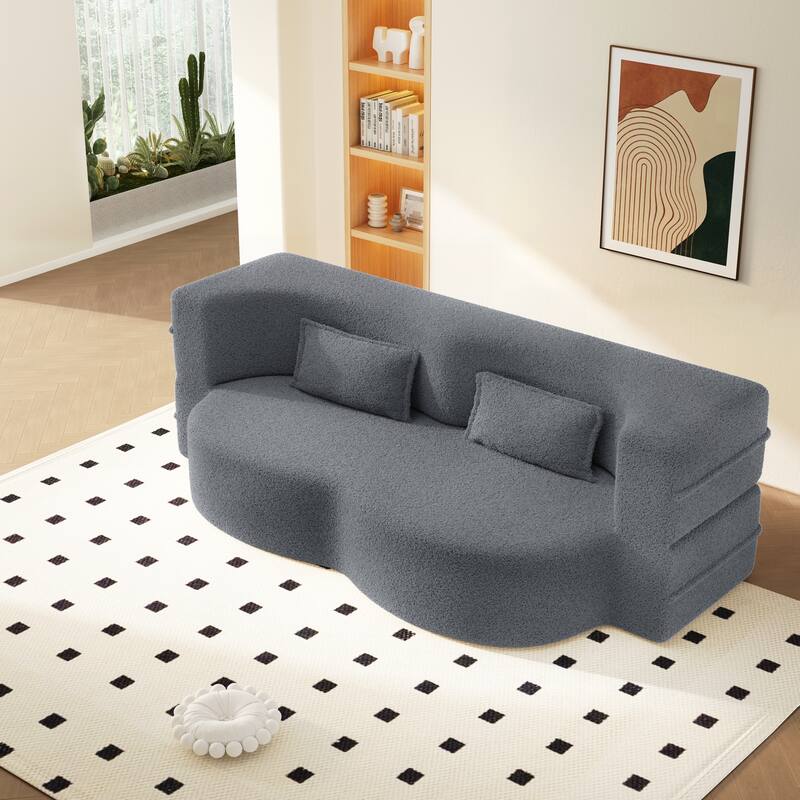 Modern Floor Sofa with 2 Pillows,Convertible Teddy Fabric Foam-Filled Sleeper Sofa Bed