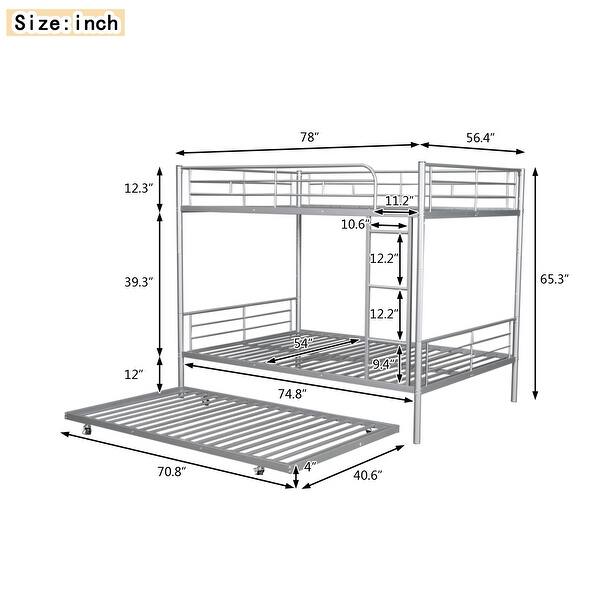 Full Size Metal Bunk Bed with Trundle , Contemporary Iron Frame, Safety Guardrails