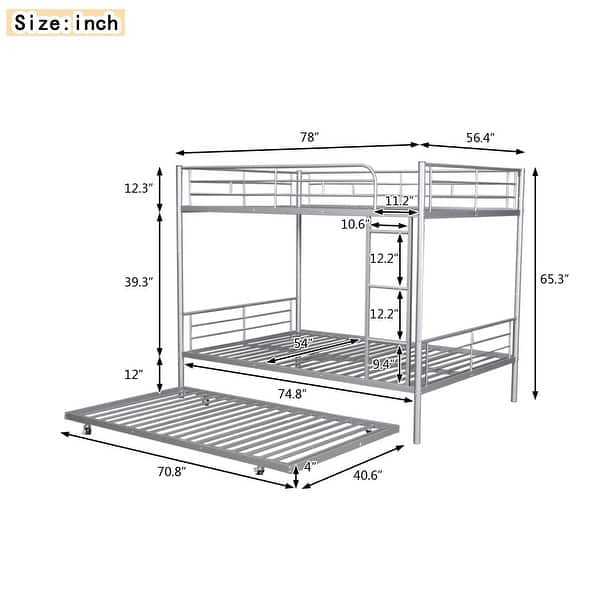 dimension image slide 0 of 3, Multifunctional & Useful Design Iron Bunk Bed with Extra Bed for Space-saving, Safety Guaranteed