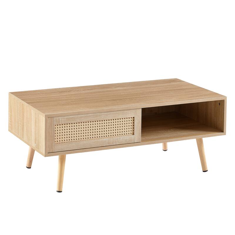 41.34" Rattan Coffee table, sliding door for storage, solid wood legs, Modern table