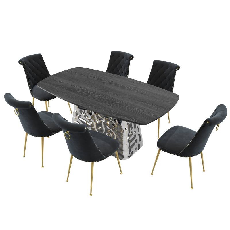 7-Piece Clihome Modern Stainless Steel Table Velvet Chair Dining Set