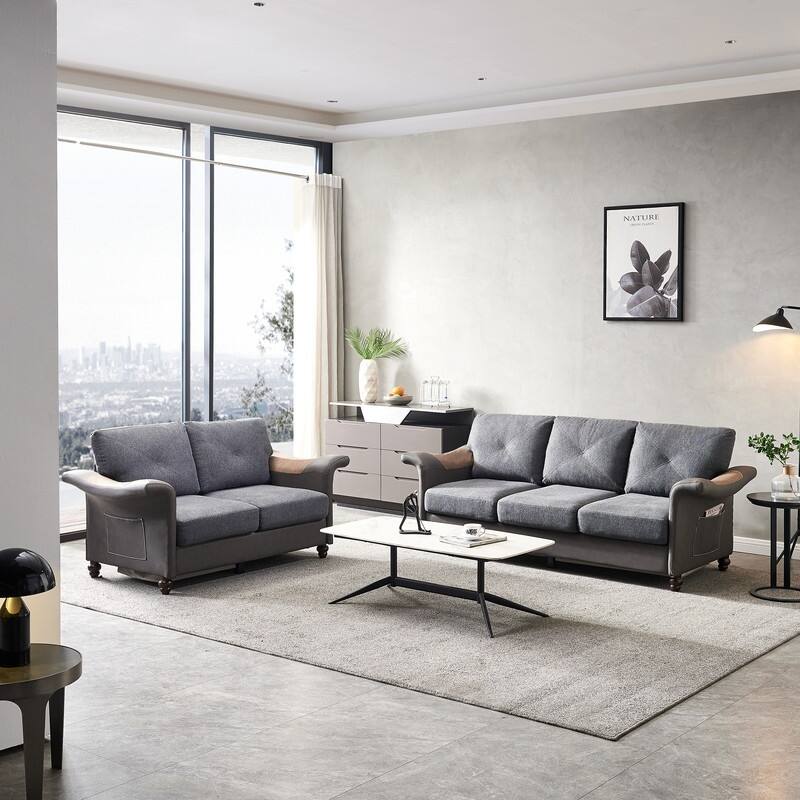 Linen Fabric Faux Leather Sofa with Two Removable Storage Boxes
