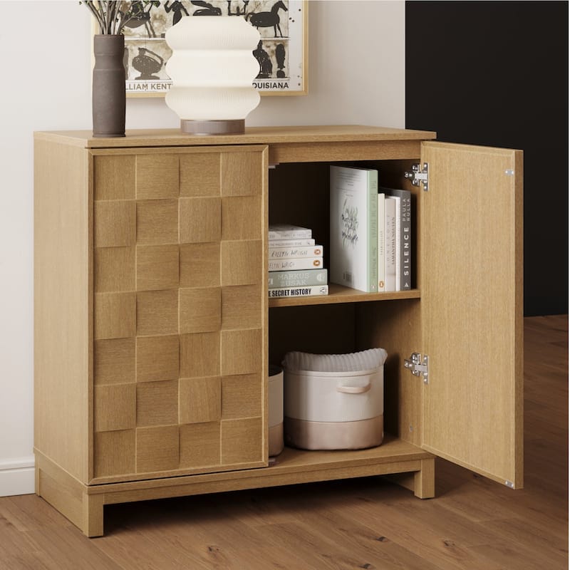 Paige Mid Century Modern Bar Cabinet Credenza, Light Wood Accent Cabinet with Sculpted Doors and Interior Adjustable Shelf